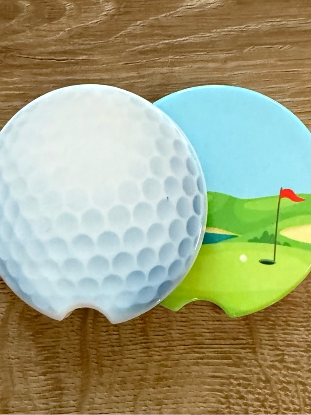 Golf Ceramic Car Coasters - White & Bright Green Golf Scene